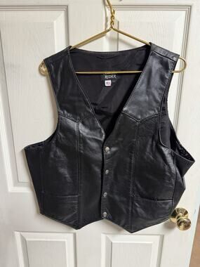 Vnt Men Classic Black Biker Style Leather Motorcycle Vest 90s Daddy Xl 46w Snap